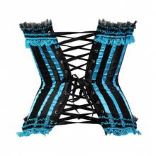 Jutrisujo Corsets For Women Tops Plus Size Stripe Lace Up Overbust Bustier ZipperLingerie Halloween Costumes - 8068-Light blue - 查看 6