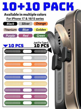 ZYONS 10+10 st/set för iPhone 17 Pro Max/17 Air/16 Pro Max/16/15-serien metallhögtalare dammtät nät (10 st - flerfärgad) + typ-C dammskydd (10 st - svart färg), tillverkad av hållbart metallmaterial, svart/silver/kosmisk orange/guld/grön/röd/blå/lila/ökentitan fler färger, typ-C dammproppar, typ C-portskydd, dammskyddsproppar
