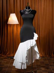 Vestido de fiesta con dobladillo asimétrico de doble capa, parche de color contrastante, plisado en el dobladillo y sin tirantes para boda, fiesta, vacaciones, regreso a clases, baile de graduación