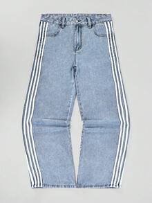 Jeans de mezclilla casual con bolsillo, cremallera y botones con rayas de contraste para mujer