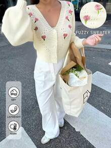 Korean Style Casual Boho Holiday Party Vintage Women Old Money Style Cute Airport Streetwear Country Concert Going Out Tops, Cosplay Halloween Costume, Halloween 2025 Sexy Witch Costume Going Out, Fall Women, Back To School Y2K, Country Concert, Fall Winter For Women, Goth Steampunk Women, Boho Holiday Party Work V-Neck Floral Embroidery Single-Breasted Hollow Regular Casual Versatile Fashion Knitted Cardigan