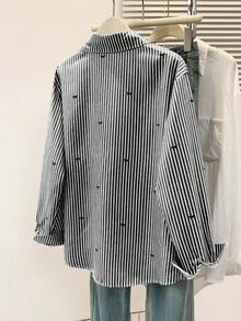 Áo sơ mi dài tay nữ in họa tiết sọc, thắt nơ, cài cúc phía trước, cổ áo sơ mi, kiểu dáng thường ngày, thích hợp cho mùa xuân, thu và đông. - màu đen - Xem 3