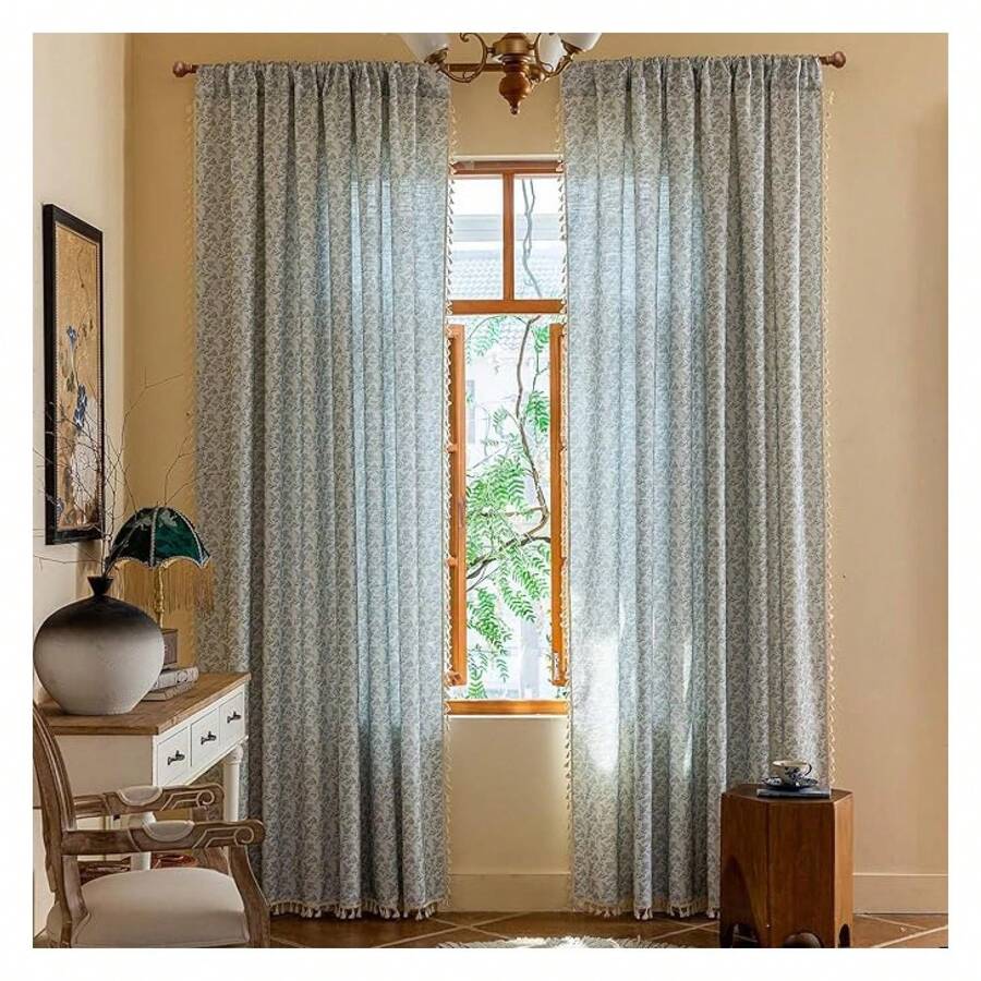 Floral Curtains 63 Inch Boho Tassel Drapes - 2 Panel Short Window Treatments For Bedroom & Living Room - Semi Sheer Rod Pocket Flower Farmhouse Curtains - 多色189 - 查看 1