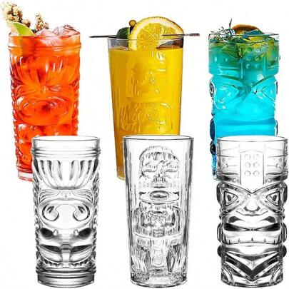 Tiki Glasses Set Of 6 - 14 Oz Highball Glasses Cocktail - Modern Tropical Tiki Cups Tumbler Glass Set - Mixed Drinking Glass Hawaiian Tiki Bar Island