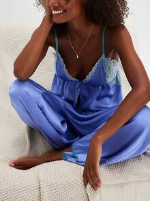 Women's Y2K Lace Satin Pajama Sets Lace Patchwork Spaghetti Strap Ruffled Cami Tops With Loose Pants 2Pcs Soft Sleepwear Fashion Loungewear Aesthetic Clothes Outfit Casual Pj - 藍紫色 - 查看 2