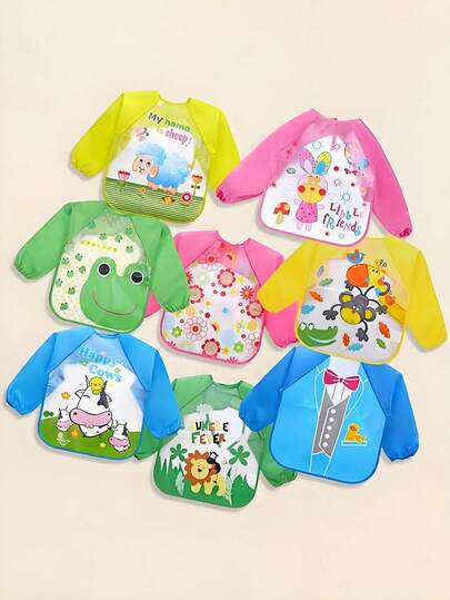 1pc Baby Cartoon Waterproof Long Sleeve Bib, Various Animal Patterns, Keeps Baby Clean While Eating, Comfortable, Warm And Fashionable