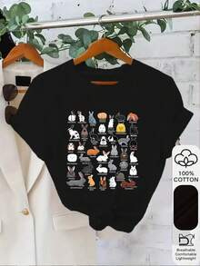1pc 100% Cotton Different Rabbit Breeds Pattern Printed Women's Short Sleeve TShirt, Perfect Birthday Gift, Holiday Gift For Rabbit Lovers And Pet Owners - Negro - Ver 1