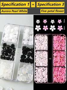 120片8mm+6mm极光山茶花玫瑰美甲装饰贴，透明/白色/黑色混合，3D立体设计，易于粘贴，适用于婚礼、假期、青春活动等场合，可用于美甲设计、珠宝制作、棺材形美甲、法式杏仁形美甲、短指甲和长指甲、椭圆形指甲、方形指甲、珠宝工艺、毕业帽设计、DIY手机壳等。美甲用品 - 彩色 - 查看 6