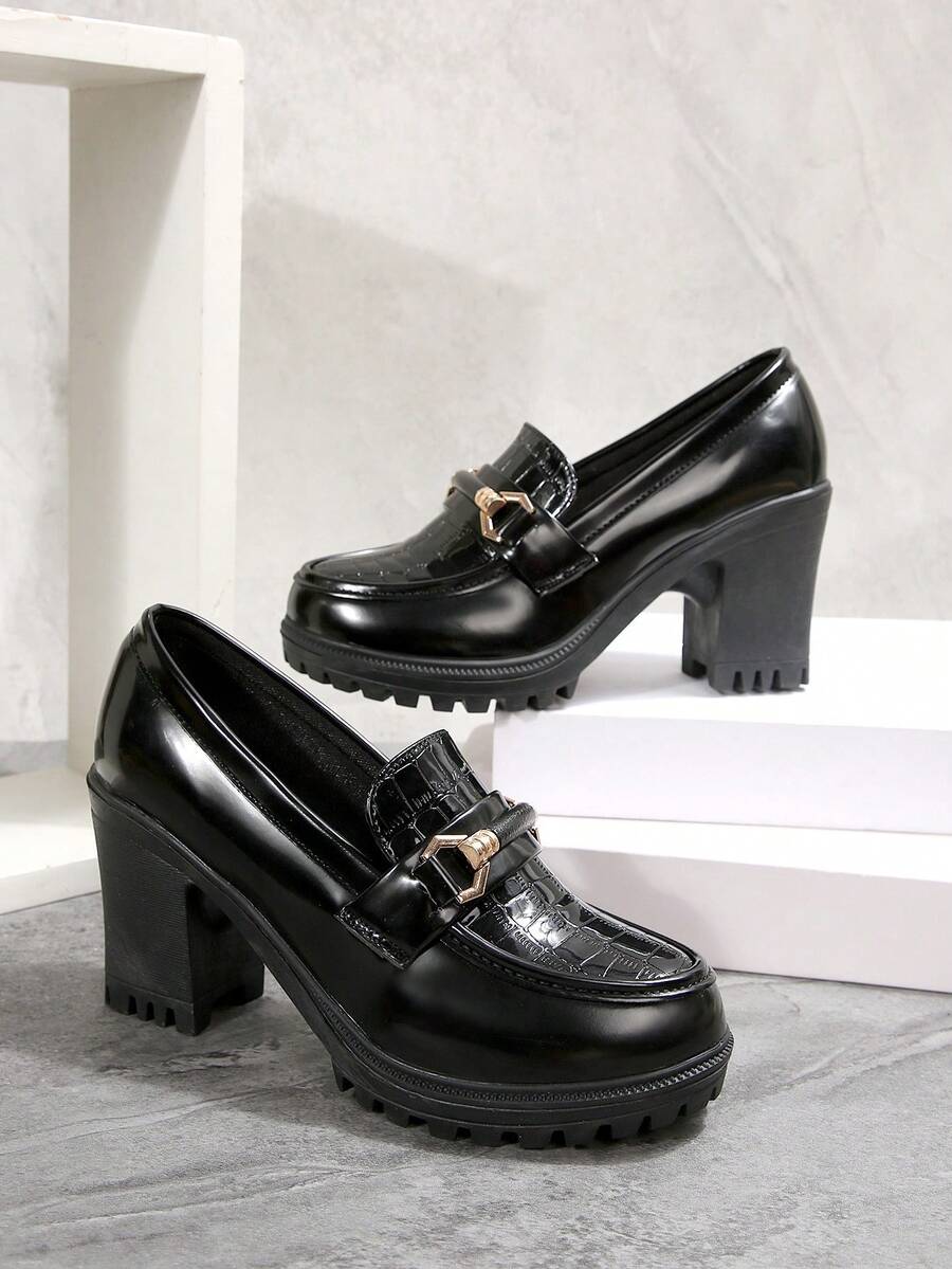 Women's Metal Buckle Loafers, Black Glossy Chunky Heel Platform Shoes