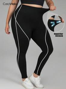 Plus Size Women's Tight Compression Leggings, Seamless Design, Contrast Trim, Spandex Fabric, Butt Lifting, High Elasticity Sports Black Fall - Black - View 6