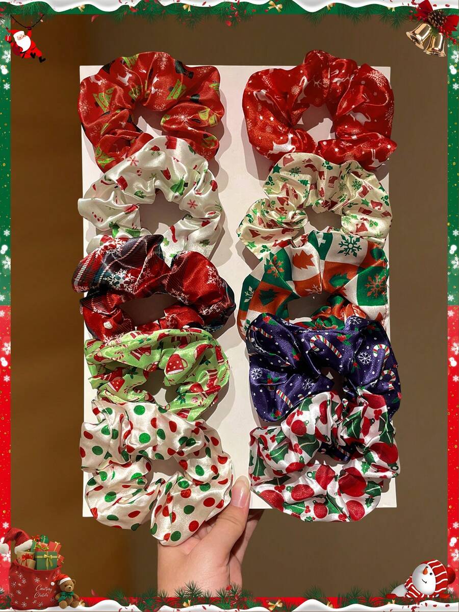 Random 10pcs New Christmas Printed Hair Scrunchies, Suitable For Daily Casual Hair Tie Ponytail Meatball Hair Rope, Christmas Dressing Atmosphere, Gifts For Girlfriends Hair Accessories