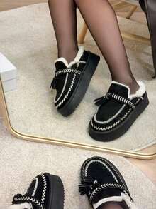 Zapatos planos de nieve para mujer, botines con pantuflas suaves y acogedoras con forro y cuello de peluche esponjoso, suela gruesa antideslizante, calzado de invierno con diseño moderno para interiores y exteriores - Negro - Ver 4