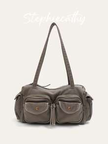 女士时尚街头休闲水洗 PU 人造皮革枕头包拉链开合多翻盖口袋手提包大容量顶部提手单肩腋下包适合日常通勤学院多功能四季 - 彩色 - 查看 13