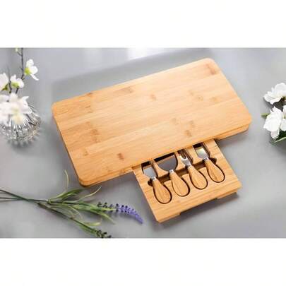 Deluxe Cheese Board And Knife Set - Charcuterie Set - Premium Chopping Board Kitchen Oval Serving Tray With Stainless Steel Knife Set