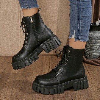 Botas de moda con puntera redonda y suela gruesa para mujer, botas vaqueras occidentales de motociclista, diseño con cordones delanteros y cremallera lateral, adecuadas para uso diario, trabajo, exterior, estilo punk con ojetes metálicos y cremallera lateral