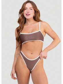 Bravaa Store Women's Two-Tone Ribbed Bikini With Cropped Top And G-String Thong, Lycra 340 Lined - Rỉ Nâu - Xem 2