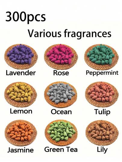 118/300pcs Natural Backflow Incense Cones - Assorted Scents For Meditation And Yoga - Ideal For Waterfall Incense Holders, For House Cleansing, Meditation, Yoga, Clearing Negative Energy And Cleansing Home Or Office