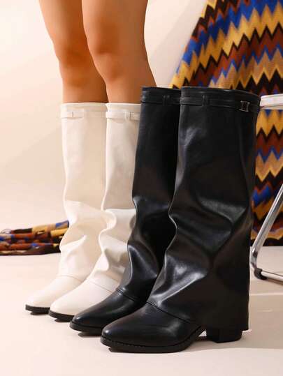 Fall/Winter Women's Pointed Toe Comfortable Wide Shaft Straight Tube Multi-Function One-Piece Buckle Fashion Thick Heel Pants Boots Plus Size Black Sexy Over-The-Knee High Boots With Adjustable Buckle Decor, Suitable For Vacation And Daily Wear, Women's Fashion Pleated Faux Leather Over-The-Knee Boots, Versatile Punk Style Outer Wear Women Over-The-Knee Boots,Party