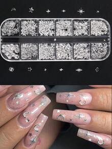 12 Fächer Silberfarbenes Metall Nagel Ornamente Sterne Mond Herz Nieten Nagelkunst Dekorationen Japanischer Stil 3D Legierung Nagel Nieten Schmuck für Maniküre DIY Kunst Dekorationen