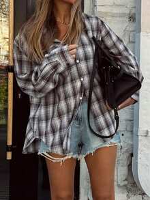 Look Polly Women's Casual Punk Streetwear Print Gingham Christmas Concert Outfits For Women Old Money Style Vintage Button Up Shirt Christmas Clothes Thanksgiving Shirt Beach Elegant Blouses For Women