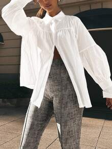 Chemise élégante à manches lanternes froncées, ourlet à volants, couleur unie, convient pour les vacances, le port quotidien, les rendez-vous, les voyages et les festivals