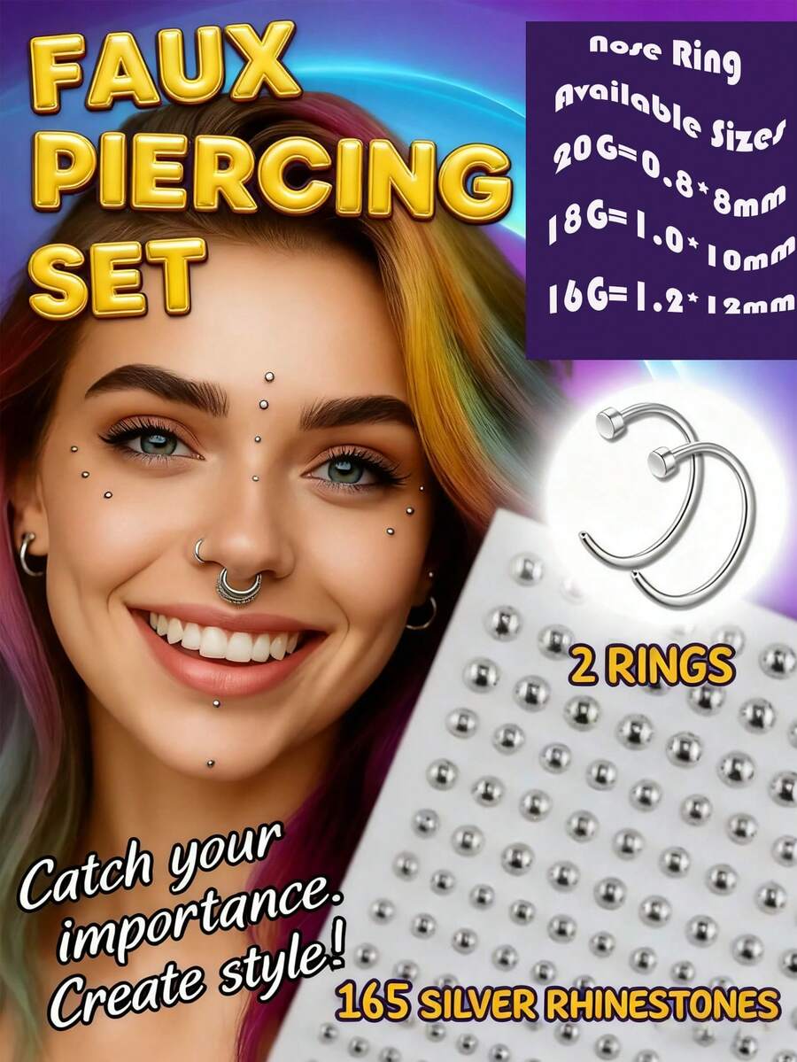 4Pcs Fake Piercing Jewelry Set, 2Pcs Fake Lip Rings And 2 Sheets Stickers - Nose Ring, Eyebrow, Lip Ring, Labret Studs & More - Adhesive Face Jewelry