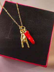 1pc Stainless Steel Italian Horn Amulet Hand Gesture Pendant Necklace, Red Chili Pepper Pendant Necklace, Suitable For Daily Wear And Gift For Friends And Family