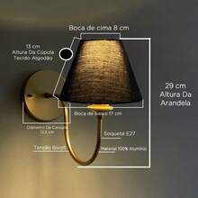 Arandela de Parede Curvada Clássica Interna Com Cúpula Para Decoração de Sala, Corredor, Quarto, Cama, Cabeceira, lavabo - Dourado Cup Preto - Visão 5