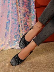 2025 Rhinestone Bow Decor Casual Flat Shoes, Fairy Style For Teens - Black and White - View 7