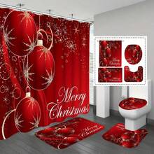 Set de duș cu globuri roșii de Crăciun, 1 buc/3 buc/4 buc, cu covoare antiderapante, capac de toaletă și covoraș de baie, decor de baie din țesătură twill tricotată din poliester rezistent la apă cu 12 cârlige, design tematic de artă festivă - Lemn rosu - Vizualizare 11