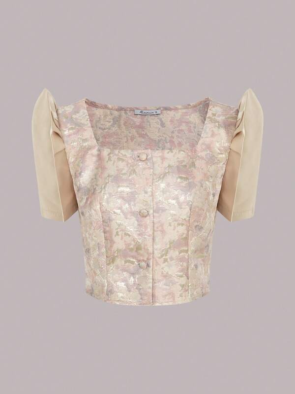 Women's Elegant Jacquard Puff Sleeve Cardigan Top