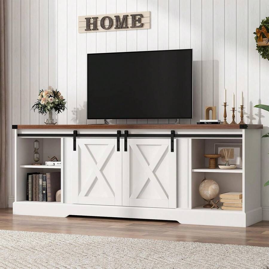 Farmhouse TV Stand For 70/75/80 Inch TV, 58/70 Inch Entertainment Center Storage Cabinets With Sliding Barn Doors, Media Console Cabinet For Living Room - 白色 - 查看 1