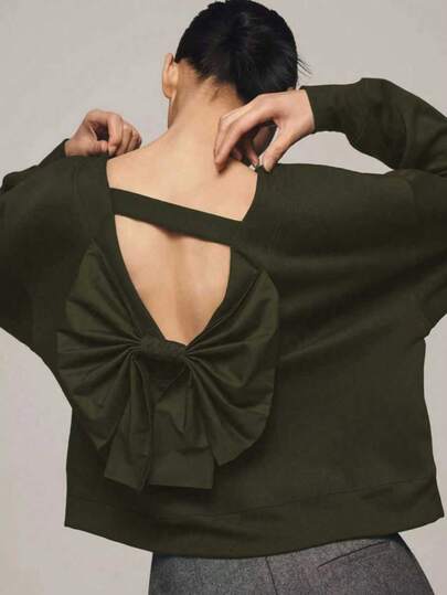 Women's Loose Zip-Up Pullover Sweatshirt, Suitable For Graduation, Teacher's Day, Back To School, Autumn Season. Women's New Year Bowknot Backless Sweatshirt, Solid Color Polyester, Twist Bow Backless, Beach, Evening Date, Autumn/Winter