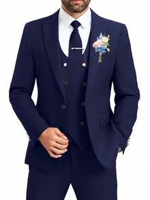 Mens Suit 3 Piece Slim Fit Double Breasted Vest Men's Suits Tuxedo Set Casual Jacket Blazer Vest Pants Groom Wedding - 藏蓝色 - 查看 1