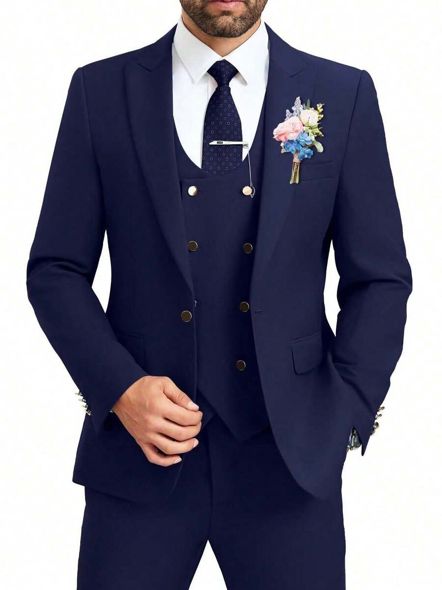 Mens Suit 3 Piece Slim Fit Double Breasted Vest Men's Suits Tuxedo Set Casual Jacket Blazer Vest Pants Groom Wedding - 藏蓝色 - 查看 1