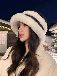 1pc Fleece Patchwork Bucket Hat, Warm Thick Windproof Earflap Beanie Suitable For Autumn And Winter Everyday Use Winter Outfits