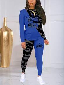 Contrast Color Print Sporty Long Sleeve Top And Pants Set - Blue - View 2