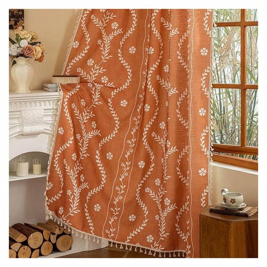 Floral Curtains 84 Inch, Burnt Orange Semi Sheer Drapes 2 Panels, Terracotta Rod Pocket Window Treatments For Bedroom, Living Room, Boho Farmhouse Decor - 多色194 - 查看 1