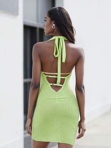 Womens Crochet Knit Mini Dress Knitted Halter Neck Cut Out Backless Dress Sleeveless Bodycon Short Dresses Beachwear - 淺綠色 - 查看 4