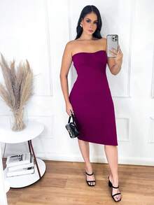 Vestido Feminino Tomara que caia Tricô Tricot Canelado Elegante e Casual - Beje - Visão 6