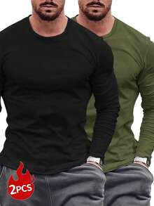 Simple Studio | 男士纯色圆领落肩休闲宽松百搭长袖T恤两件装 - 彩色 - 查看 2