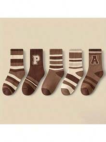 5 Pairs Kids Wool Blend Socks, Thermal Lined, Thick, Suitable For Halloween, Christmas, Daily Wear In Autumn/Winter, Striped & Letter Design, Maillard Color, Comfortable, Versatile, Warm, Fashion Accessory For Boys & Girls To Keep Feet Cozy - Multicolor - View 15