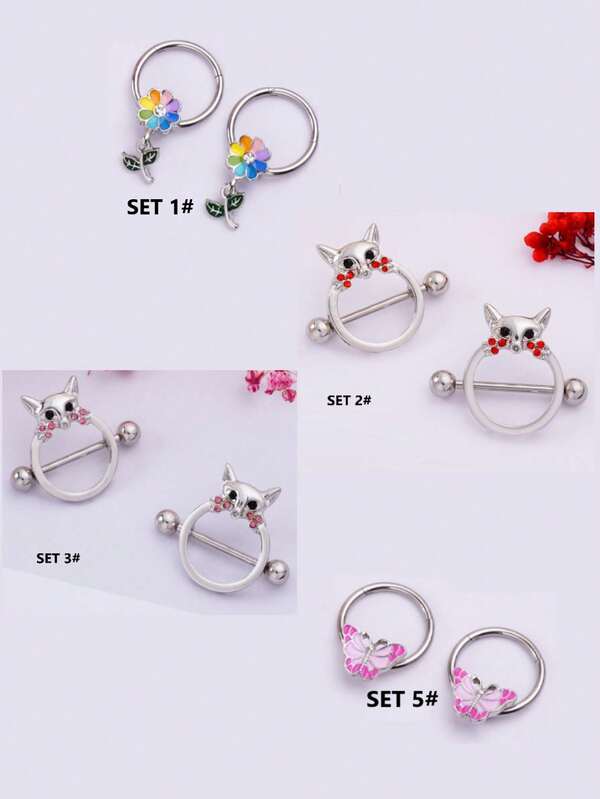 2pcs Skin-Friendly Hypoallergenic Titanium Steel Fox Head, Sunflower, Butterfly, Zirconia Flower Nipple Rings, 14G Circular Nipple Rings, Unisex Sexy Fashion Piercing Jewelry