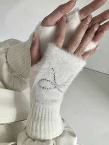 1 Pair Women's Fashion Plush Bow Rhinestone Half Finger Gloves, Versatile Casual Warm Winter Fingerless Gloves For Students, Office Work, Suitable For Cold Season,Festival,Party - Multicolor - View 8