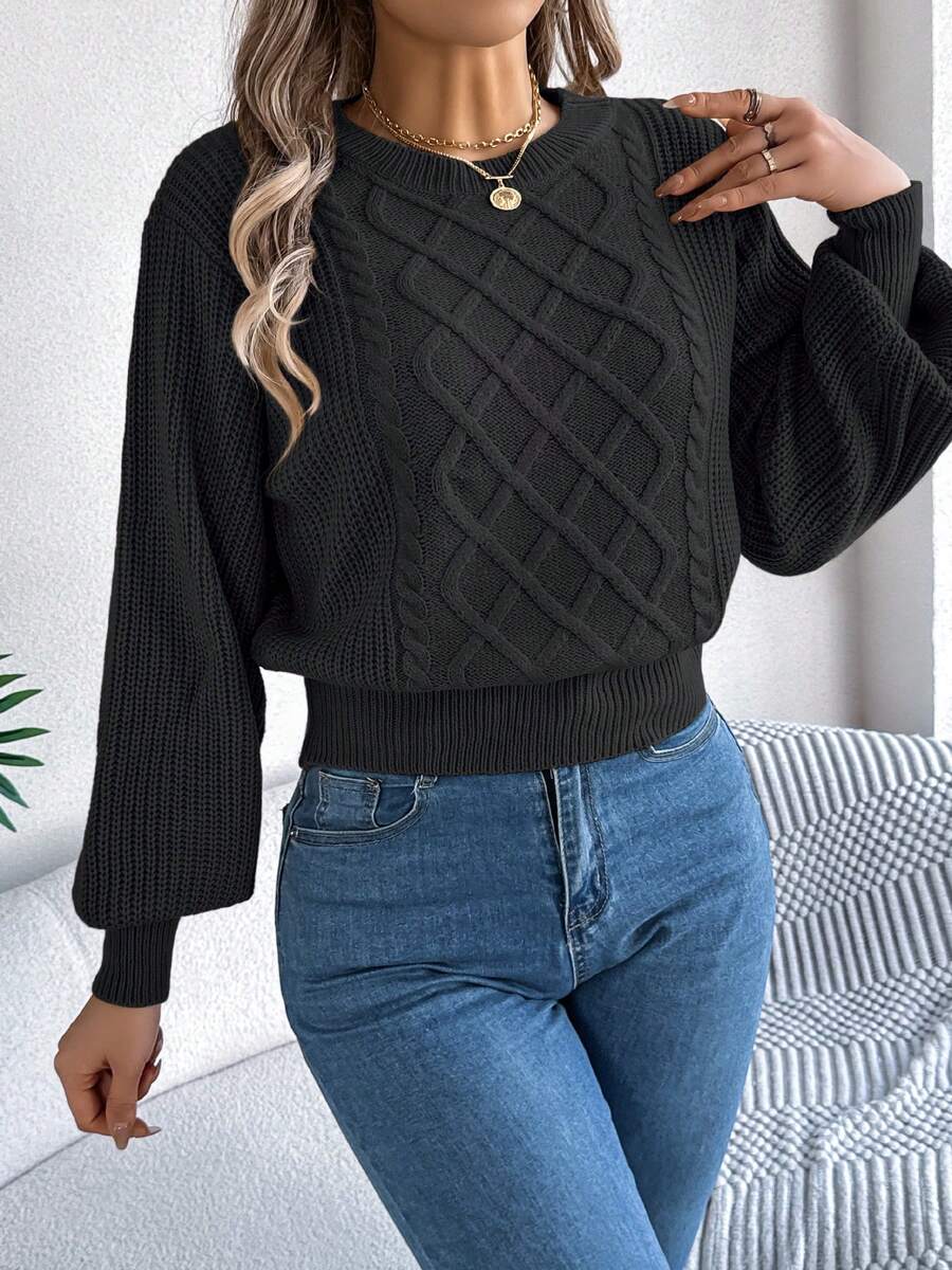 Lässiger Grundkabel-Strickpullover mit Langarm, Herbst/Winter - Schwarz - Übersicht 1