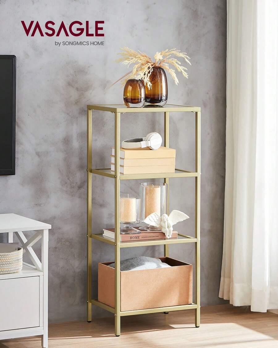 Bathroom Storage Shelf, Tempered Glass Storage Rack, 4-Tier Storage Unit, Sturdy, Easy To Assemble, For Living Room, Bedroom, Office, Golden - White - View 1