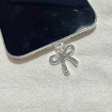 1pc Rhinestone Bow Dust Plug, Elegant Y2K Fashion, Alloy Metal Accessory, Transparent Silicone Smartphone Earphone Tablet Kindle Dust Plug Pendant, Creative Stylish Hanging Decor, Compatible With Apple Lightning/Type-C/Android Micro USB, Fits All Mobile Phone Models - Silver - View 8