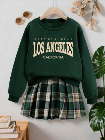Tween Girl Letter Graphic Print Crew Neck Long Sleeve Top And Plaid Mini Skirt Set