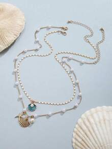 2 件海滩风格合金仿珍珠和贝壳项链套装，手工制作的链子可以剪成所需长度，适合女性情侣日常佩戴珠宝礼物 - 仿珍珠+藍貝殼 - 查看 4