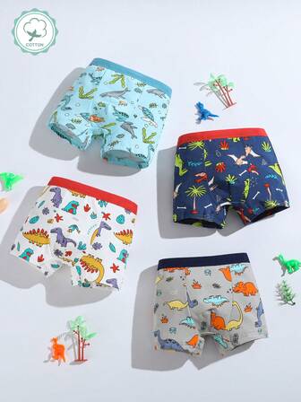 4pcs/Pack Boys' Soft & Comfortable Dinosaur Fossil Print Briefs, Kids & Teens